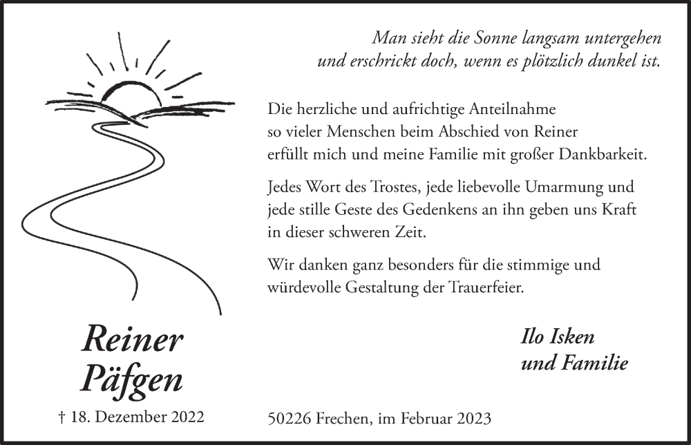  Traueranzeige für Reiner Päfgen vom 10.02.2023 aus  Wochenende 