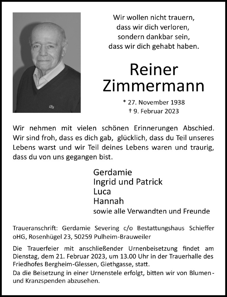  Traueranzeige für Reiner Zimmermann vom 17.02.2023 aus  Werbepost 