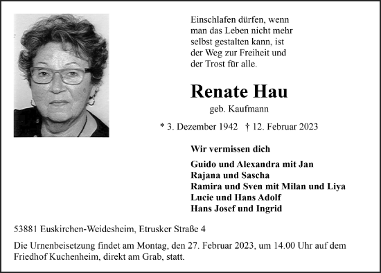 Anzeige von Renate Hau von  Blickpunkt Euskirchen 