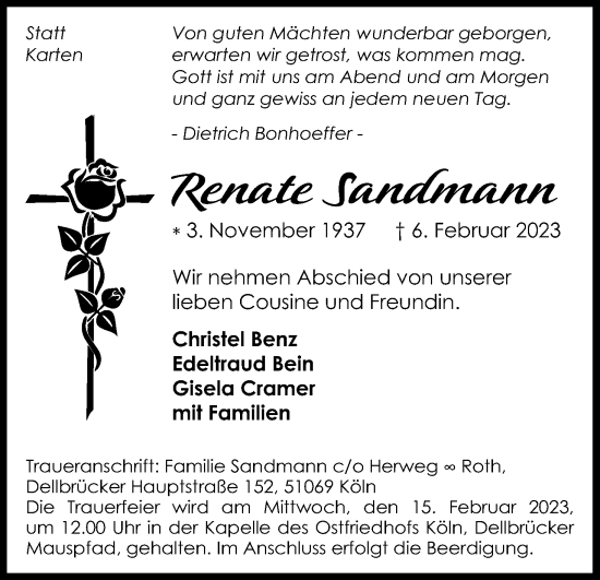 Anzeige von Renate Sandmann von Kölner Stadt-Anzeiger / Kölnische Rundschau / Express