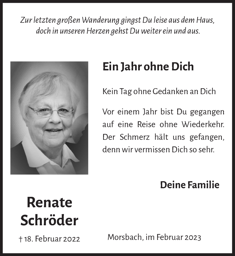  Traueranzeige für Renate Schröder vom 17.02.2023 aus  Lokalanzeiger 