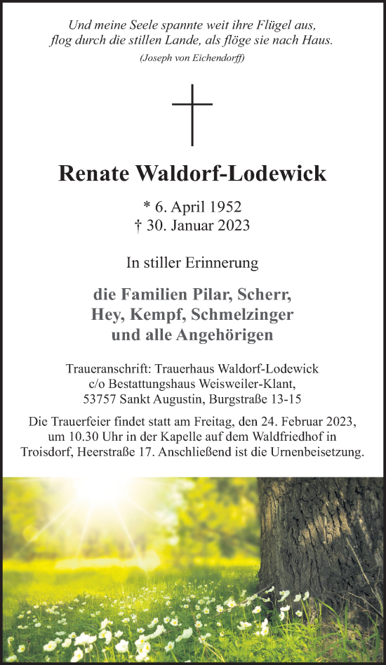 Anzeige von Renate Waldorf-Lodewick von Kölner Stadt-Anzeiger / Kölnische Rundschau / Express