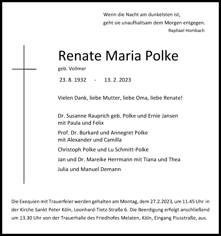  Traueranzeige für Renate Maria Polke vom 18.02.2023 aus Kölner Stadt-Anzeiger / Kölnische Rundschau / Express