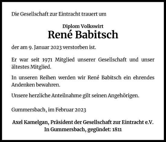 Anzeige von Rene Babitsch von Kölner Stadt-Anzeiger / Kölnische Rundschau / Express