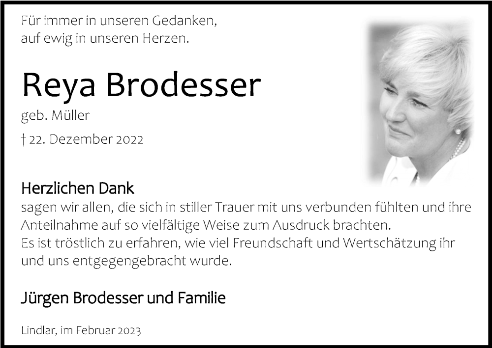  Traueranzeige für Reya Brodesser vom 18.02.2023 aus Kölner Stadt-Anzeiger / Kölnische Rundschau / Express