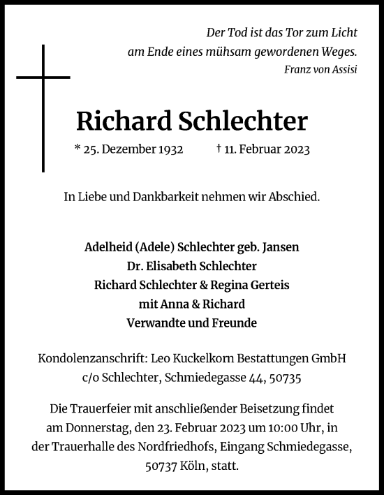 Anzeige von Richard Schlechter von Kölner Stadt-Anzeiger / Kölnische Rundschau / Express