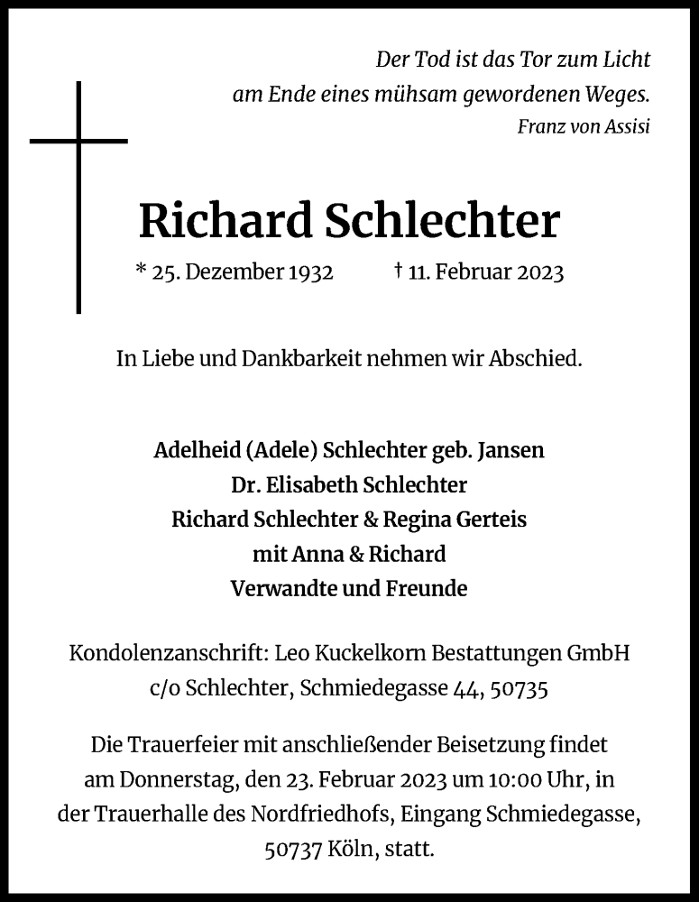  Traueranzeige für Richard Schlechter vom 18.02.2023 aus Kölner Stadt-Anzeiger / Kölnische Rundschau / Express