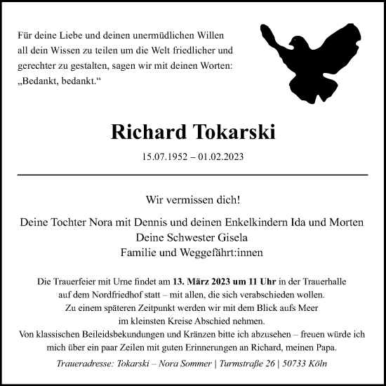 Anzeige von Richard Tokarski von Kölner Stadt-Anzeiger / Kölnische Rundschau / Express