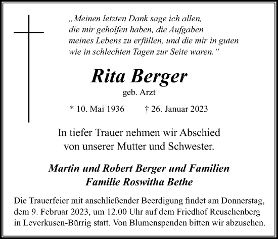 Anzeige von Rita Berger von Kölner Stadt-Anzeiger / Kölnische Rundschau / Express