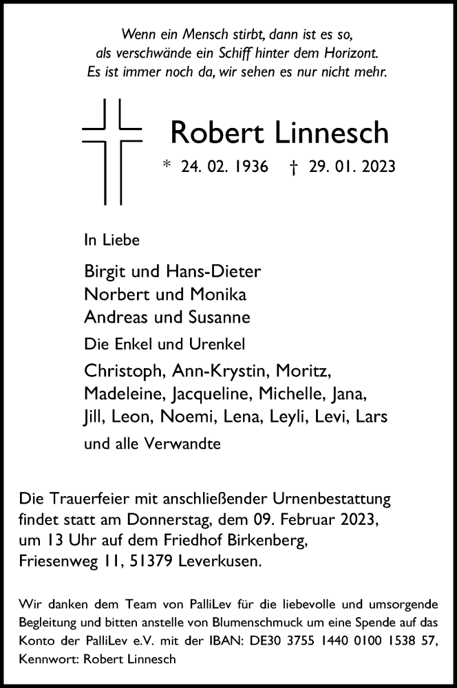  Traueranzeige für Robert Linnesch vom 04.02.2023 aus Kölner Stadt-Anzeiger / Kölnische Rundschau / Express