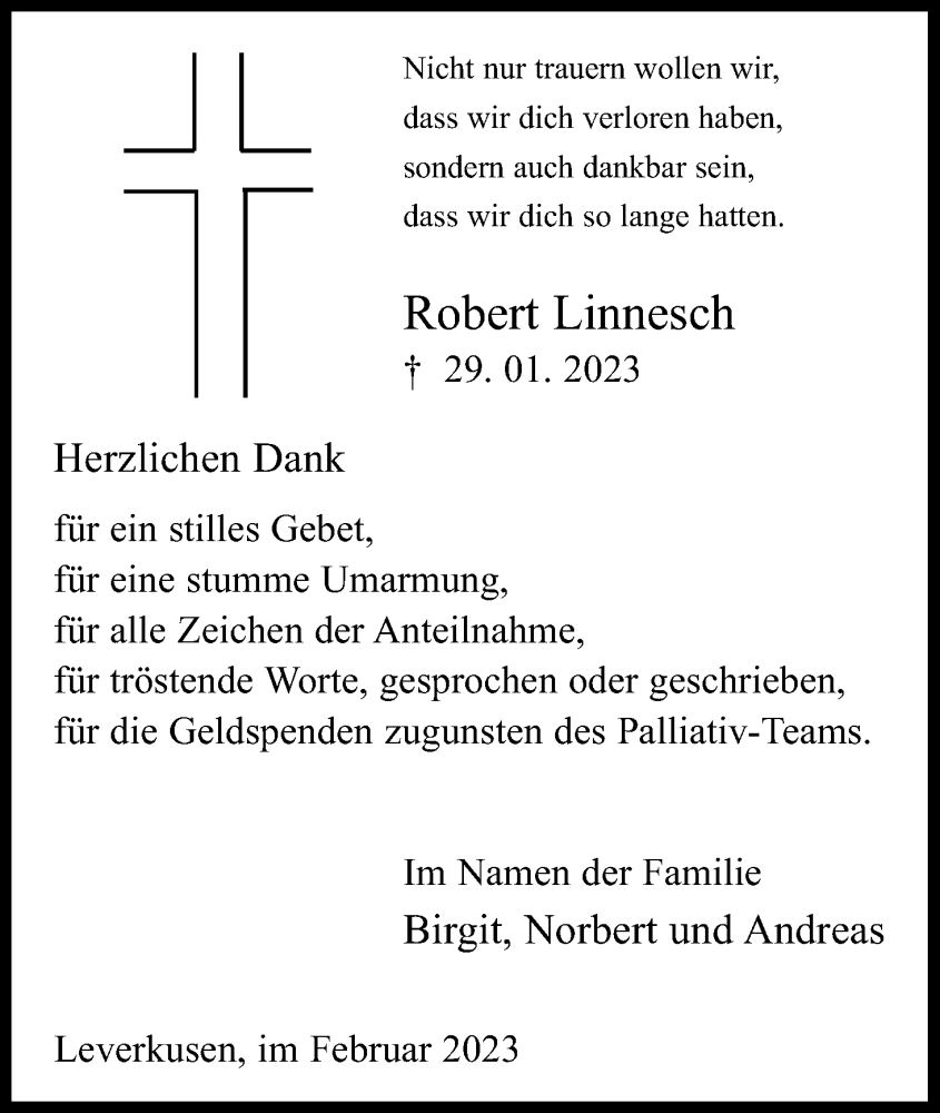  Traueranzeige für Robert Linnesch vom 25.02.2023 aus Kölner Stadt-Anzeiger / Kölnische Rundschau / Express