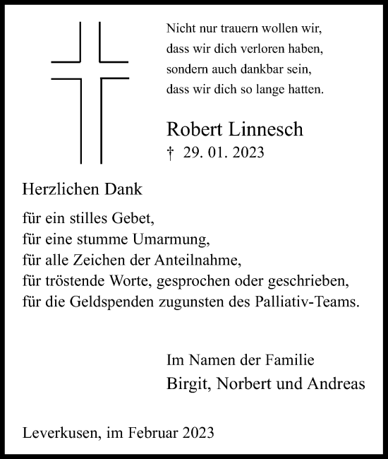 Anzeige von Robert Linnesch von Kölner Stadt-Anzeiger / Kölnische Rundschau / Express