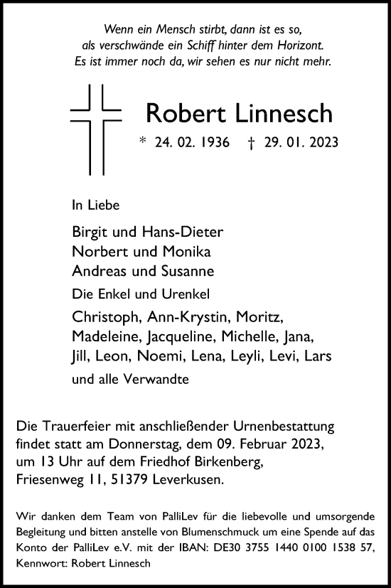 Anzeige von Robert Linnesch von Kölner Stadt-Anzeiger / Kölnische Rundschau / Express