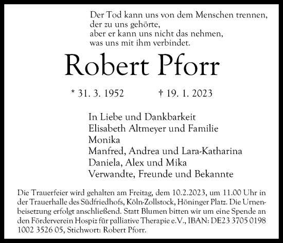 Anzeige von Robert Pforr von Kölner Stadt-Anzeiger / Kölnische Rundschau / Express