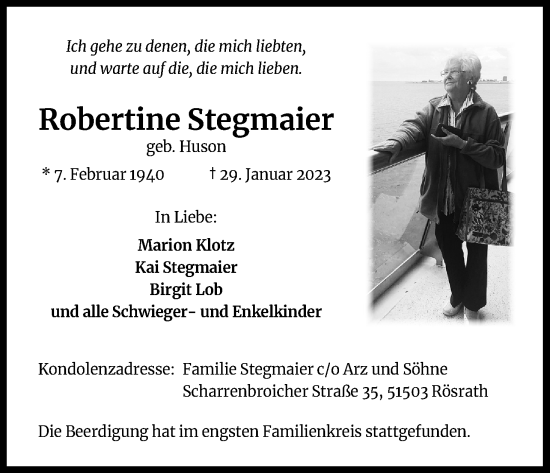 Anzeige von Robertine Stegmaier von Kölner Stadt-Anzeiger / Kölnische Rundschau / Express