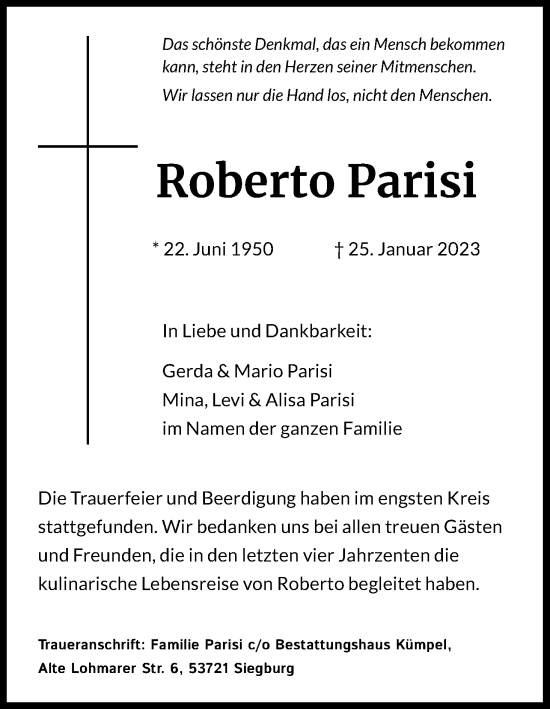Anzeige von Roberto Parisi von Kölner Stadt-Anzeiger / Kölnische Rundschau / Express