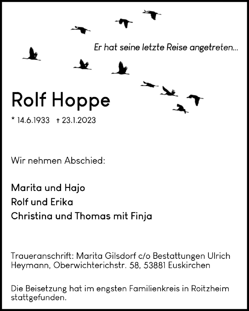  Traueranzeige für Rolf Hoppe vom 11.02.2023 aus  Blickpunkt Euskirchen 