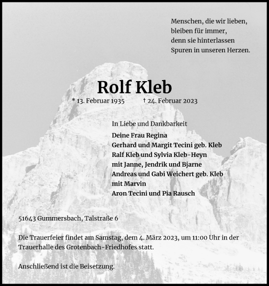 Anzeige von Rolf Kleb von Kölner Stadt-Anzeiger / Kölnische Rundschau / Express
