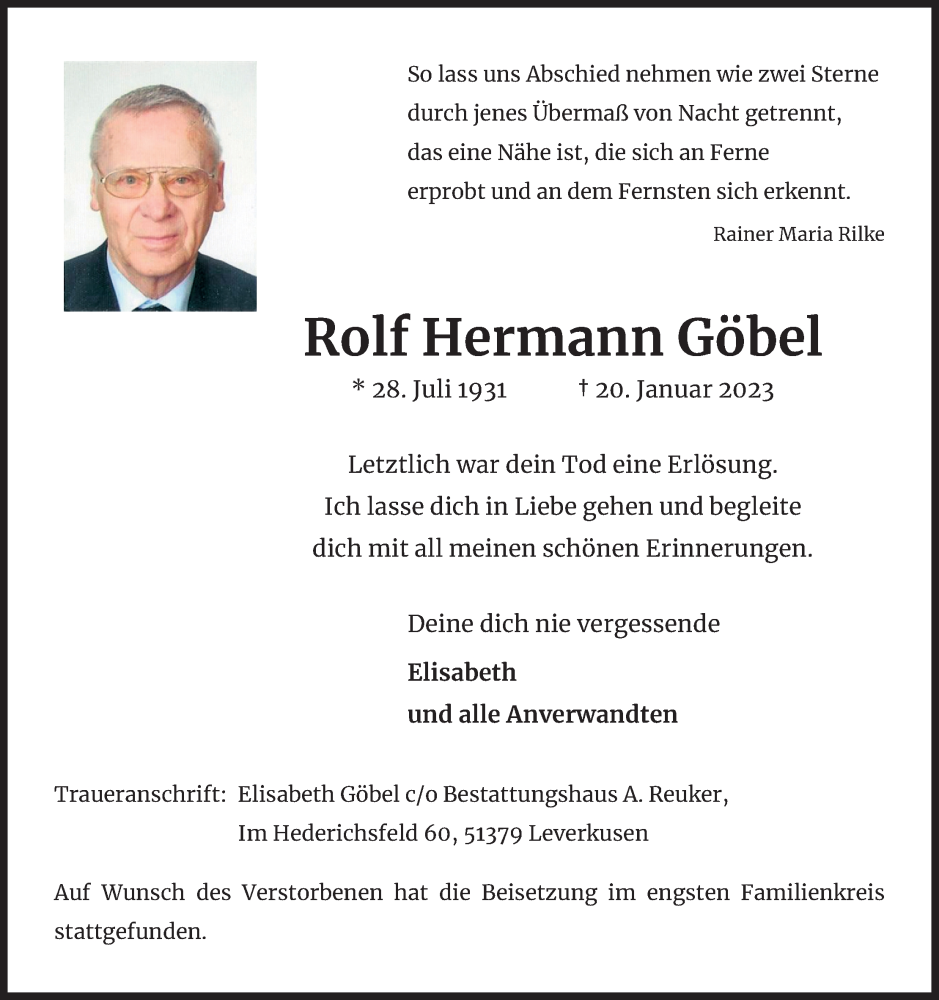  Traueranzeige für Rolf Hermann Göbel vom 09.02.2023 aus Kölner Stadt-Anzeiger / Kölnische Rundschau / Express