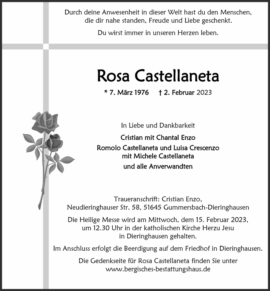  Traueranzeige für Rosa Castellaneta vom 10.02.2023 aus  Anzeigen Echo 