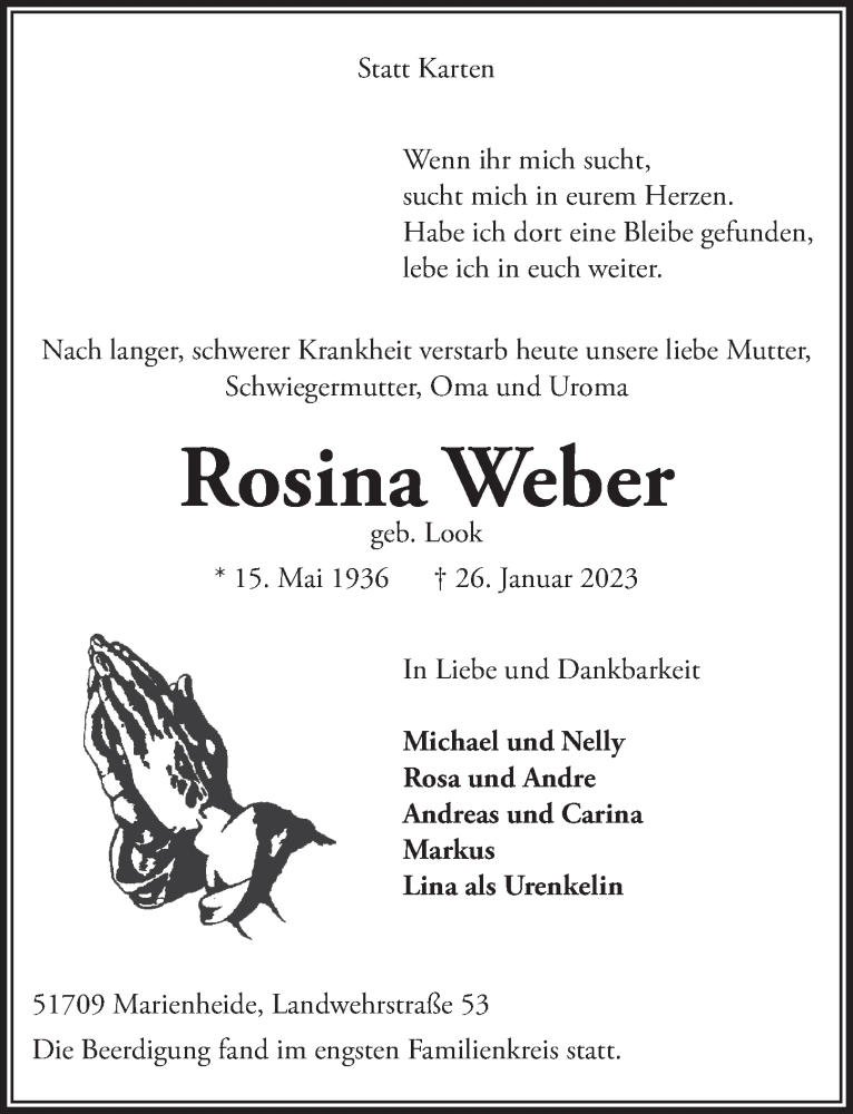  Traueranzeige für Rosina Weber vom 03.02.2023 aus  Anzeigen Echo 