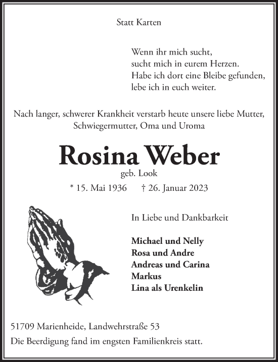 Anzeige von Rosina Weber von  Anzeigen Echo 