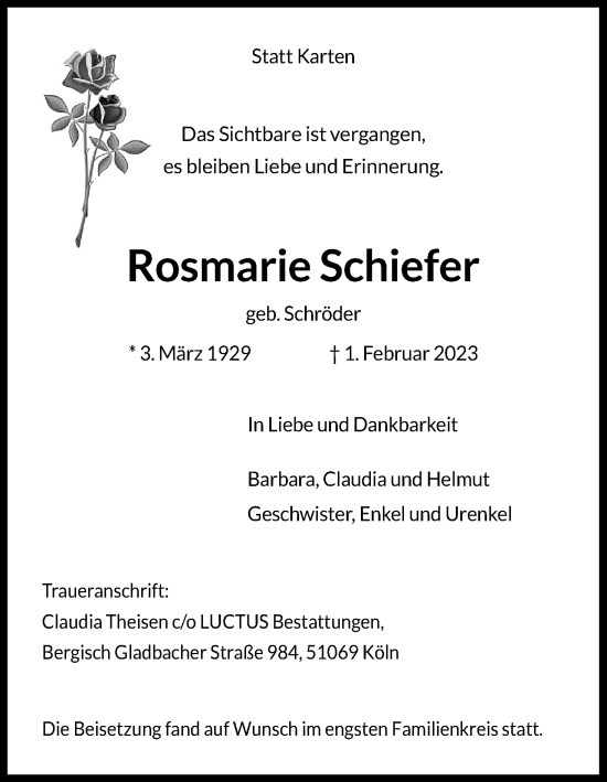 Anzeige von Rosmarie Schiefer von Kölner Stadt-Anzeiger / Kölnische Rundschau / Express