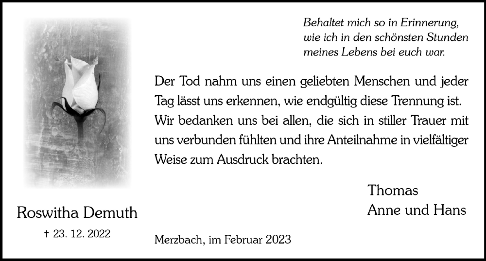  Traueranzeige für Roswitha Demuth vom 17.02.2023 aus  Schaufenster/Blickpunkt 
