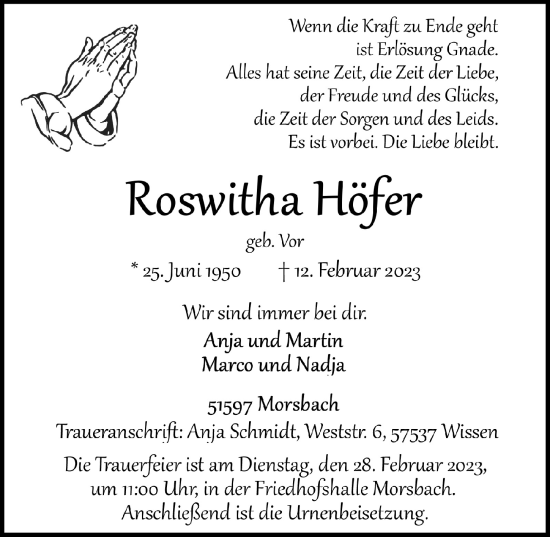 Anzeige von Roswitha Höfer von  Lokalanzeiger 