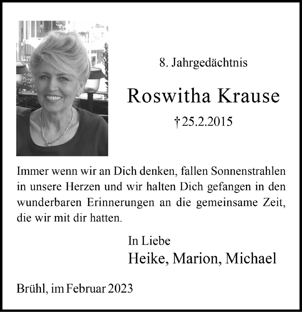  Traueranzeige für Roswitha Krause vom 24.02.2023 aus  Schlossbote/Werbekurier 