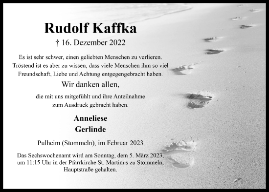 Anzeige von Rudolf Kaffka von  Wochenende 