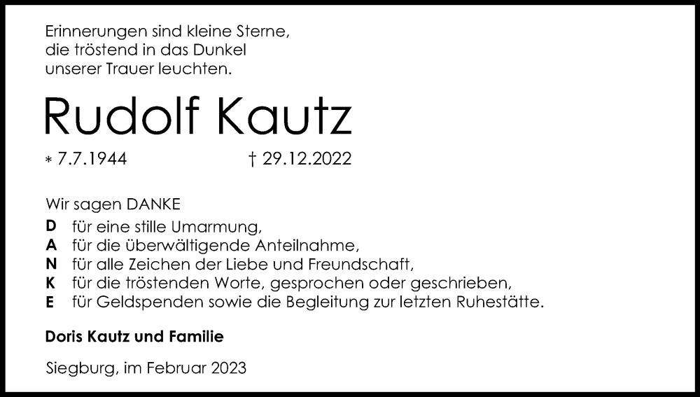  Traueranzeige für Rudolf Kautz vom 11.02.2023 aus Kölner Stadt-Anzeiger / Kölnische Rundschau / Express