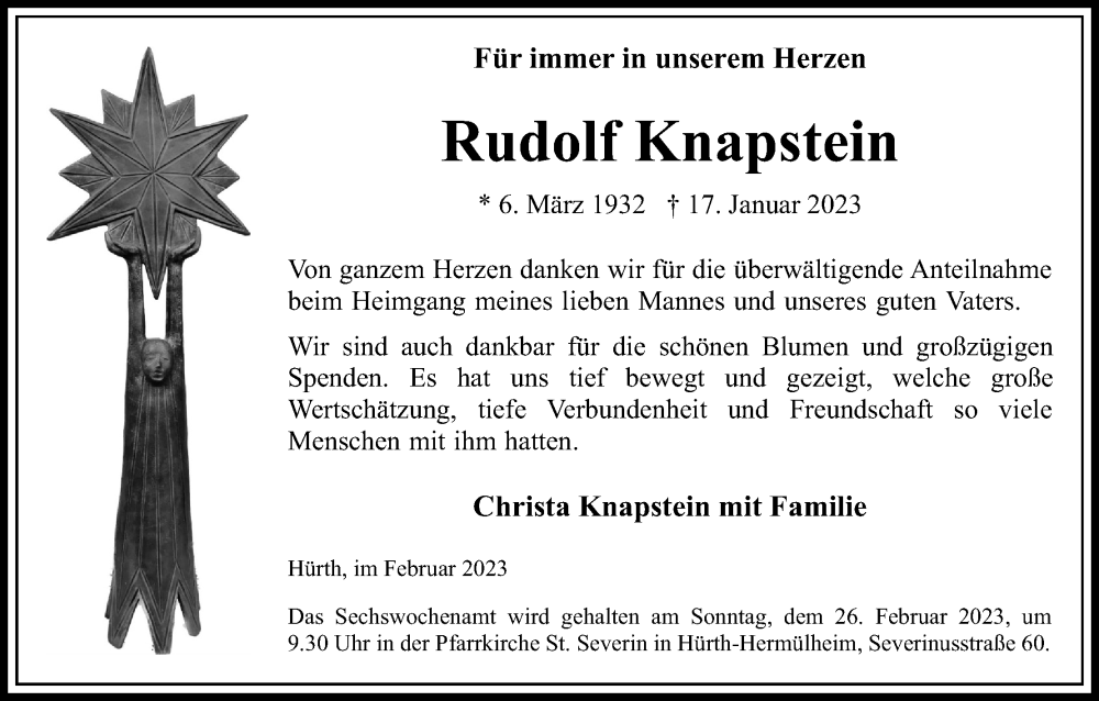  Traueranzeige für Rudolf Knapstein vom 11.02.2023 aus Kölner Stadt-Anzeiger / Kölnische Rundschau / Express