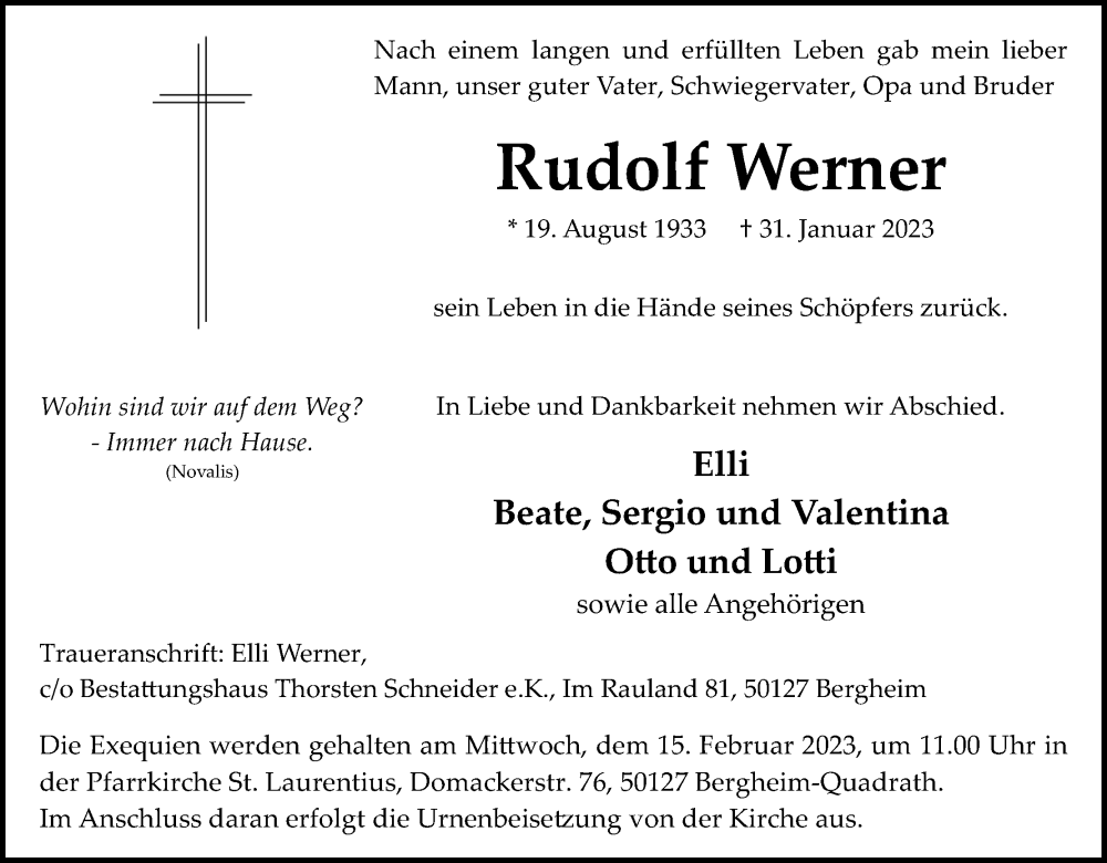  Traueranzeige für Rudolf Werner vom 11.02.2023 aus Kölner Stadt-Anzeiger / Kölnische Rundschau / Express
