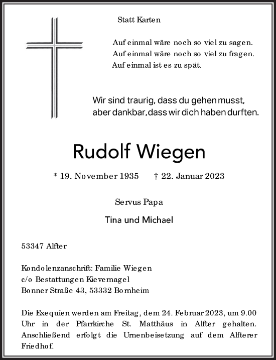 Anzeige von Rudolf Wiegen von  Schaufenster/Blickpunkt 