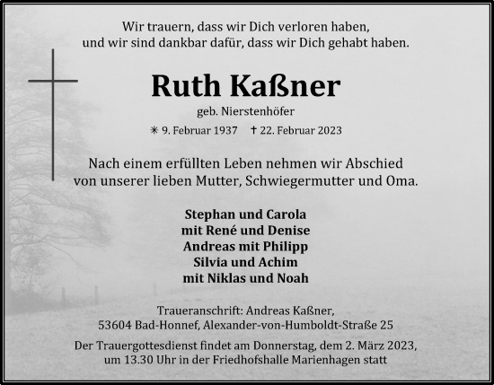 Anzeige von Ruth Kaßner von Kölner Stadt-Anzeiger / Kölnische Rundschau / Express