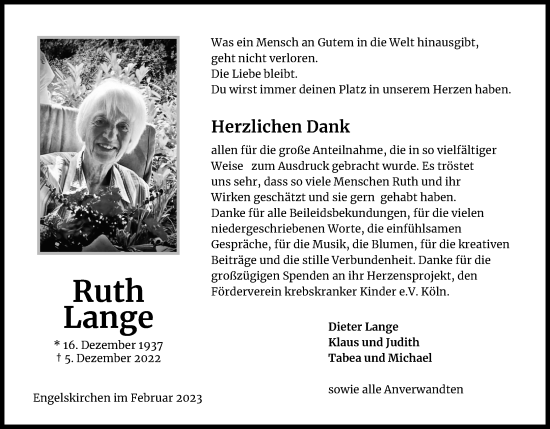 Anzeige von Ruth Lange von Kölner Stadt-Anzeiger / Kölnische Rundschau / Express