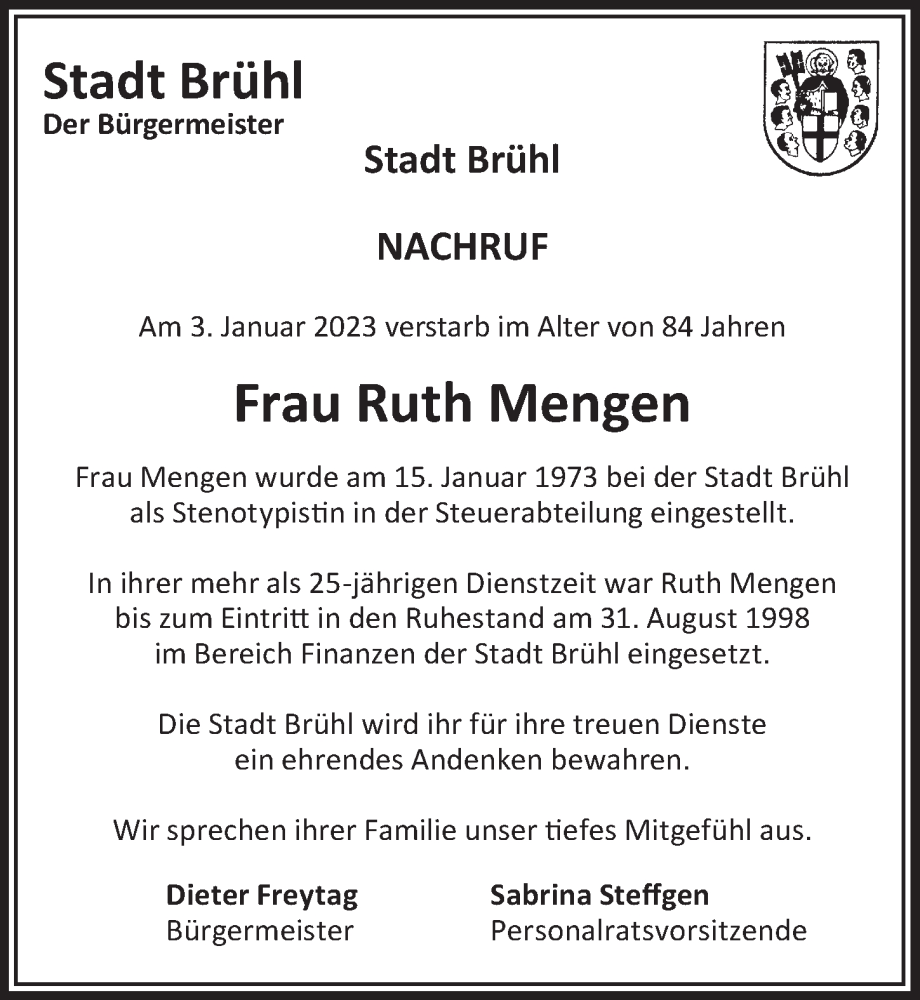  Traueranzeige für Ruth Mengen vom 03.02.2023 aus  Schlossbote/Werbekurier 