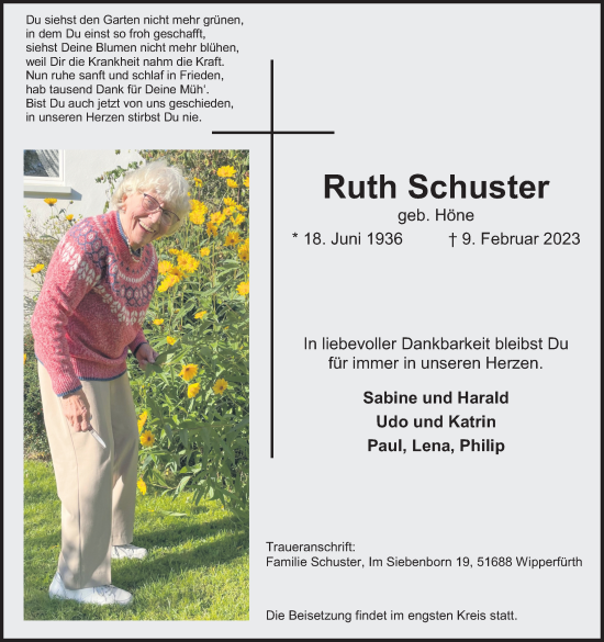 Anzeige von Ruth Schuster von Kölner Stadt-Anzeiger / Kölnische Rundschau / Express