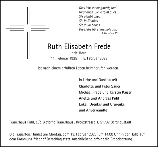 Anzeige von Ruth Elisabeth Frede von  Anzeigen Echo 