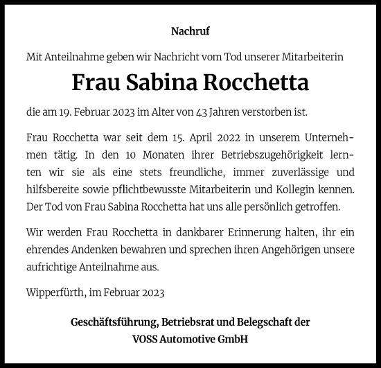Anzeige von Sabina Rocchetta von Kölner Stadt-Anzeiger / Kölnische Rundschau / Express
