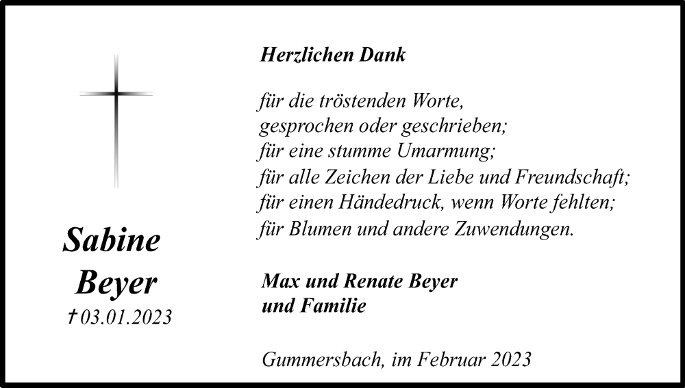  Traueranzeige für Sabine Beyer vom 25.02.2023 aus Kölner Stadt-Anzeiger / Kölnische Rundschau / Express