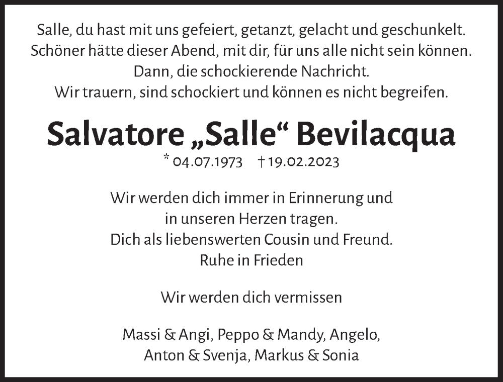  Traueranzeige für Salvatore Bevilacqua vom 24.02.2023 aus  Anzeigen Echo 