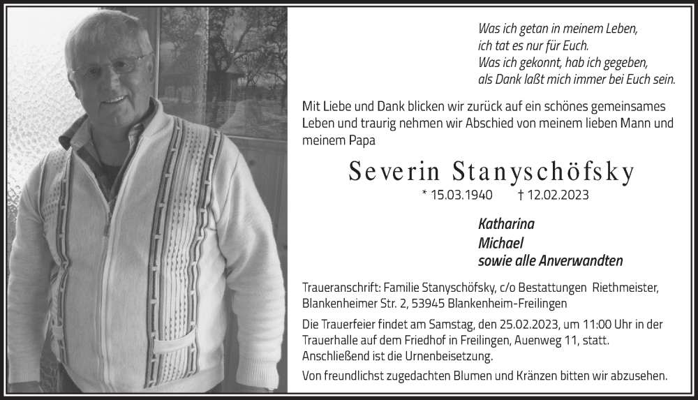  Traueranzeige für Severin Stanyschöfsky vom 24.02.2023 aus  Wochenende 
