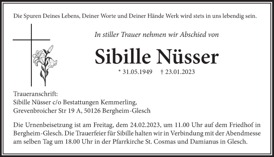 Anzeige von Sibille Nüsser von  Werbepost 