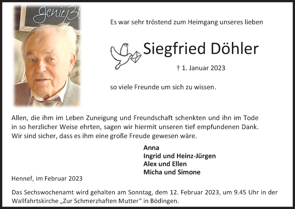  Traueranzeige für Siegfried Döhler vom 04.02.2023 aus Kölner Stadt-Anzeiger / Kölnische Rundschau / Express
