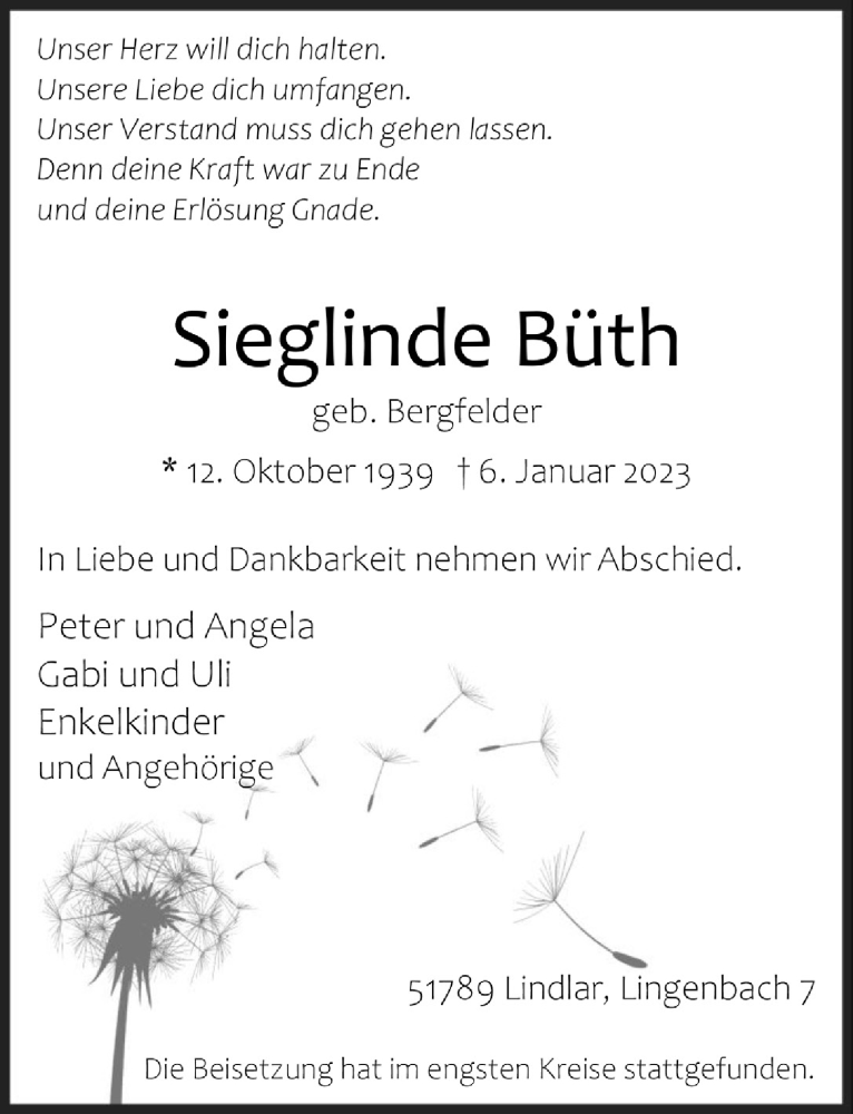  Traueranzeige für Sieglinde Büth vom 03.02.2023 aus  Anzeigen Echo 