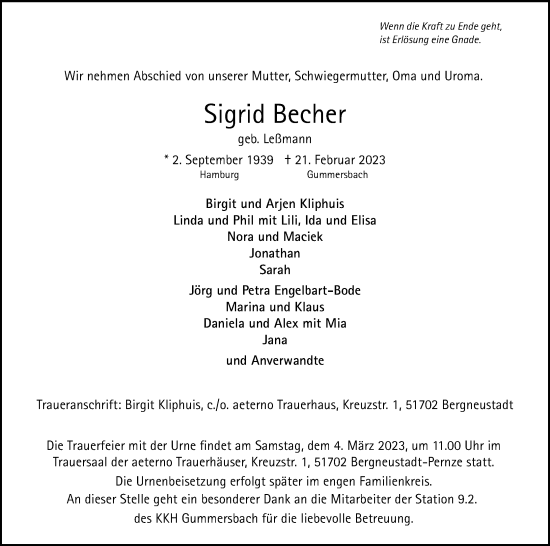 Anzeige von Sigrid Becher von Kölner Stadt-Anzeiger / Kölnische Rundschau / Express