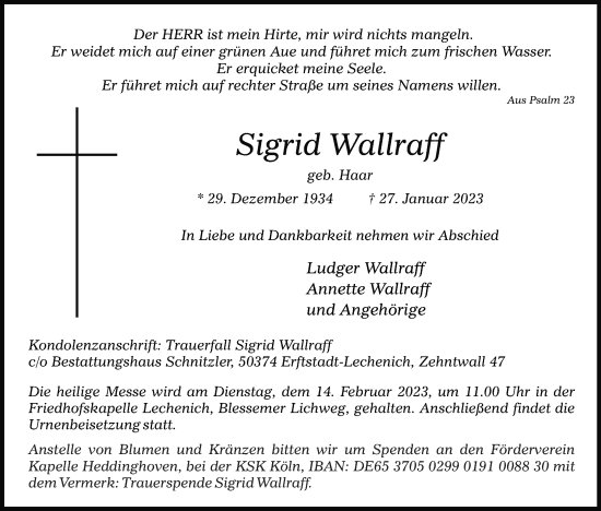 Anzeige von Sigrid Wallraff von Kölner Stadt-Anzeiger / Kölnische Rundschau / Express