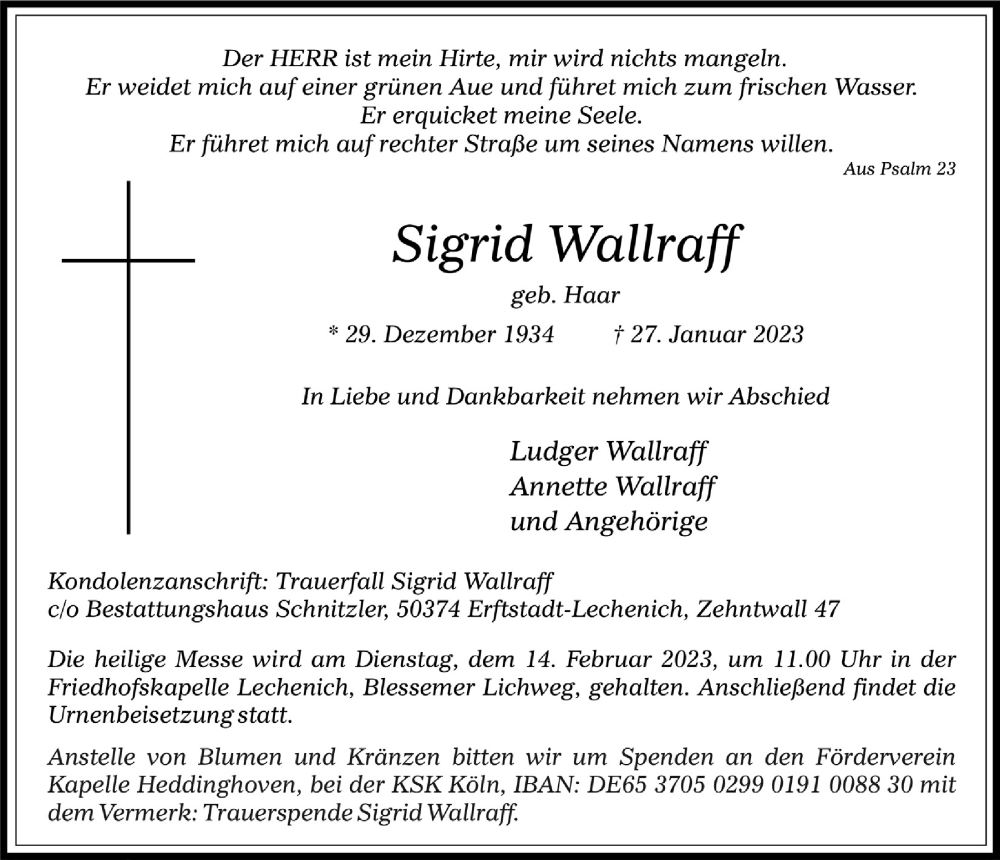  Traueranzeige für Sigrid Wallraff vom 03.02.2023 aus  Werbepost 
